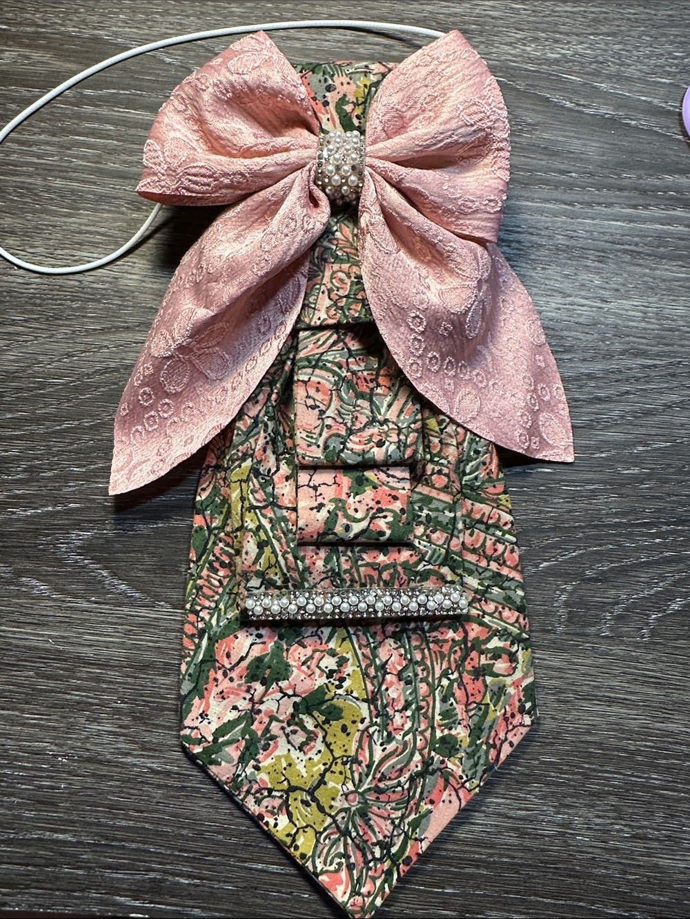 Pink Floral Patterned Fashion Necklace Tie with Bow and Pearl Accent